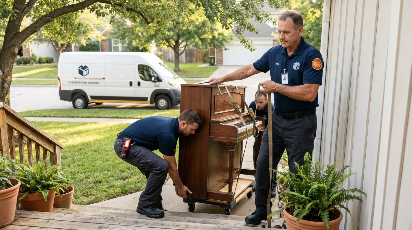 Licensed piano movers securing grand piano in West Bridgewater, MA