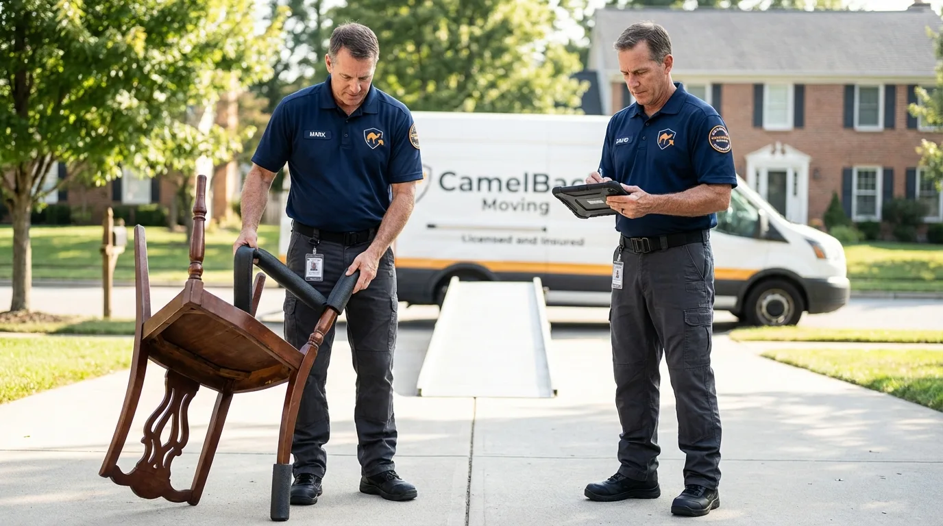 Movers inspecting furniture for damage prevention before loading in West Bridgewater, MA