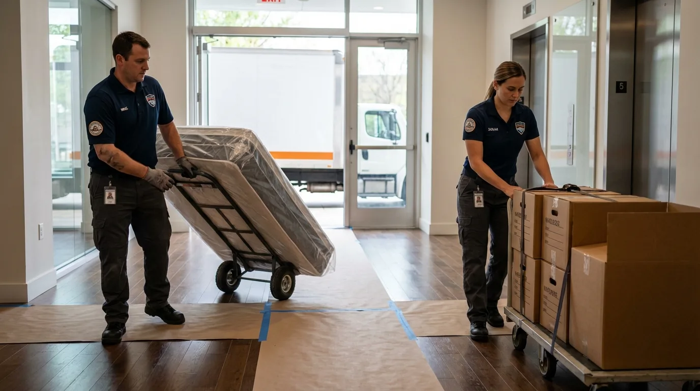Professional apartment movers loading elevator in West Bridgewater, MA