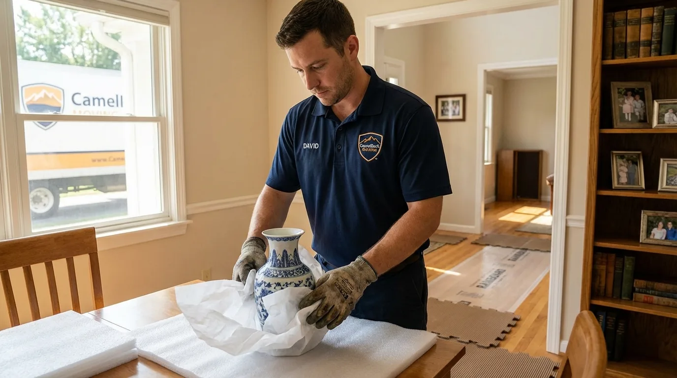 Professional crew carefully wrapping antique vase for senior downsizing move in West Bridgewater, MA
