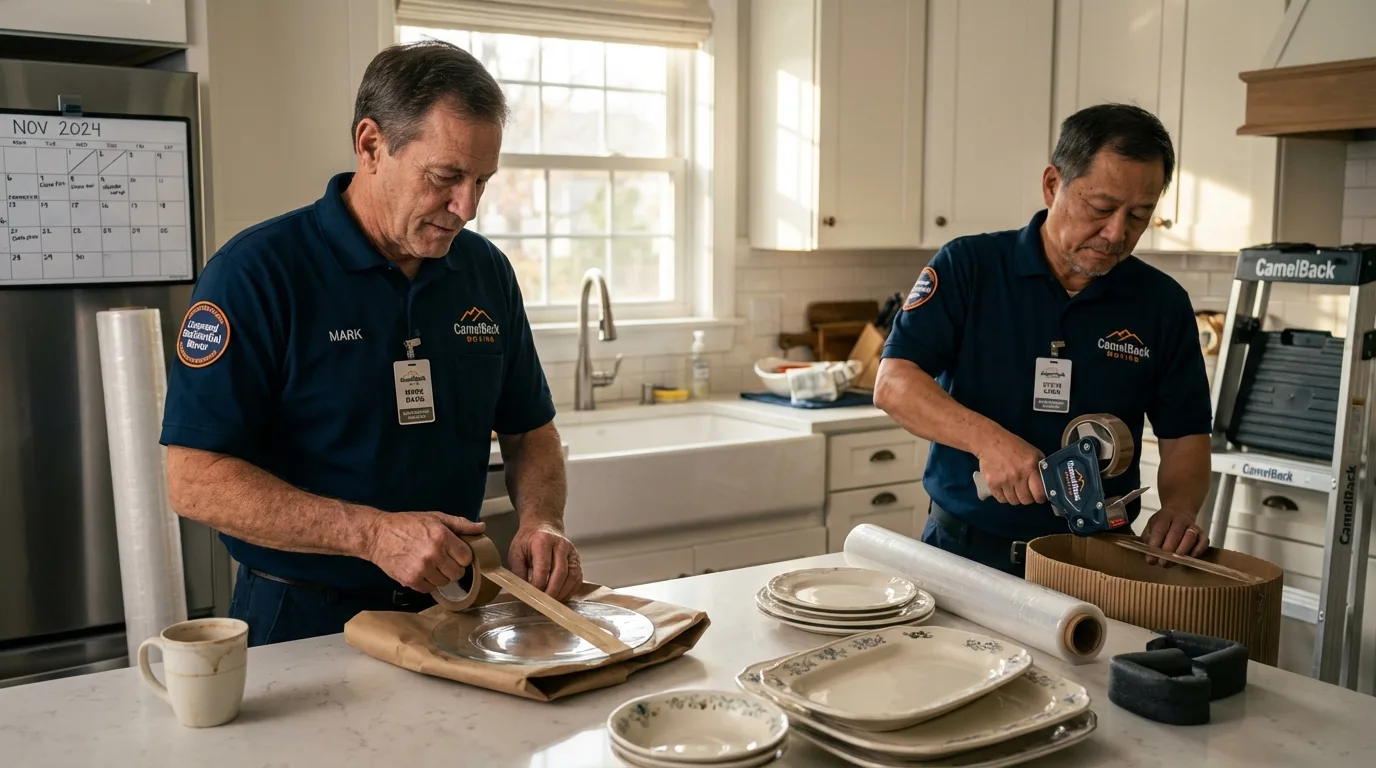 Professional crew packing kitchen dishware in West Bridgewater, MA